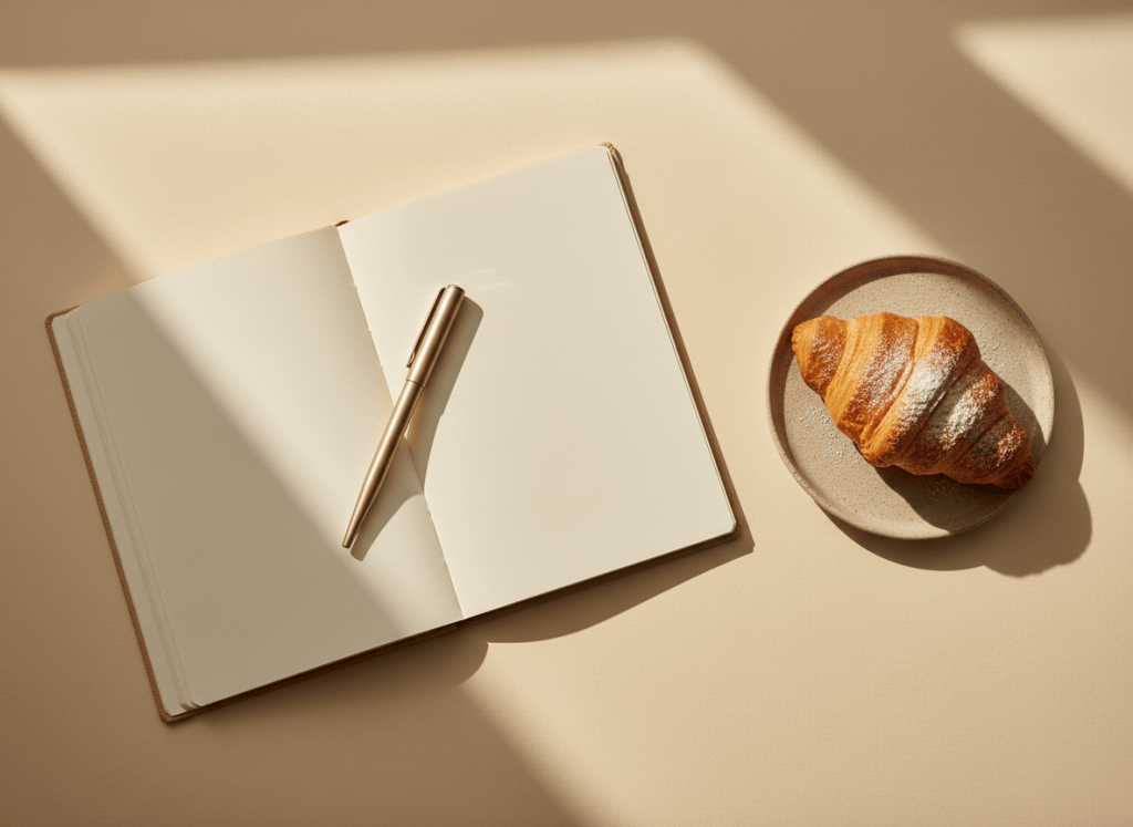 A warm cream and sand colored background with an open notebook, a pen, and a croissant, soft natural light, editorial minimalist magazine photography, warm tones